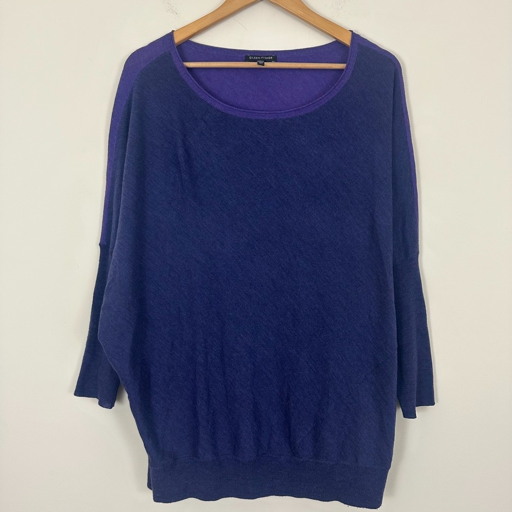 Eileen Fisher Tunic Sweater Blue Purple Merino Wool Batwing Sleeve Womens Large